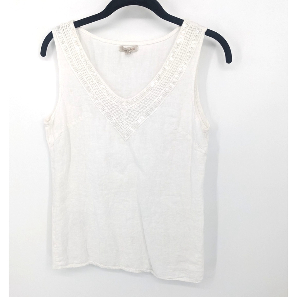 Lina Tomei Tank Top Womens Small White Linen Sequin V Neck